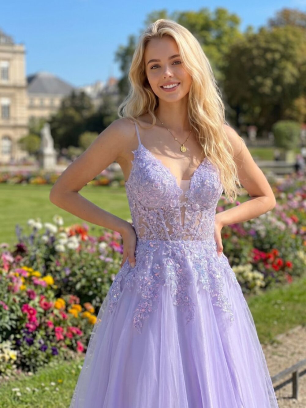 NEW LILAC Tulle & Lace Evening Gown Floor Length Formal Elegant SL506